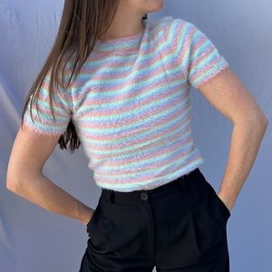 Isalis Fuzzy Crop Top Like New Lavender Aqua Peach Striped